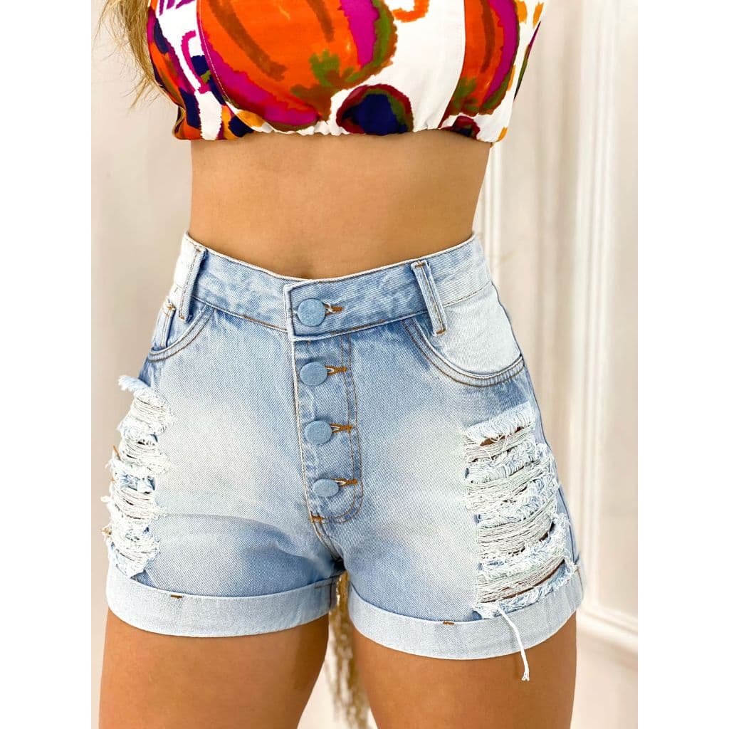 Short Jeans Feminino Detalhes Dobrado Botões Encapados Cintura Alta ModaZ