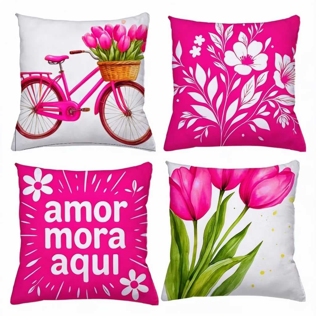 KIT 4 CAPAS DE ALMOFADAS DE LUXO DE FLORES 45X45 FLORES BICICLETA AMOR