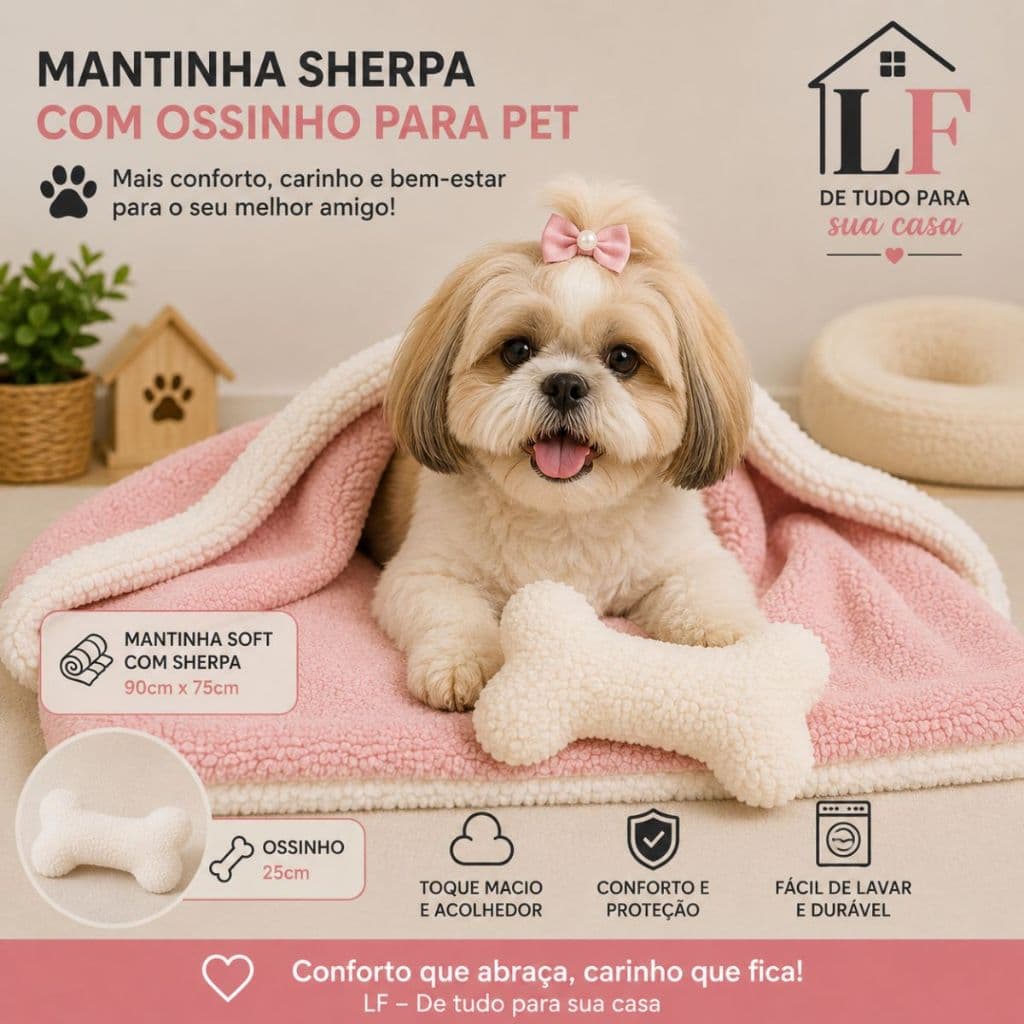 Kit Manta Soft Sherpa com Gorgurinho e Ossinho para Cachorros e Gatos animais medidas Manta 90 x 80cm ossinho 20 x 10cm