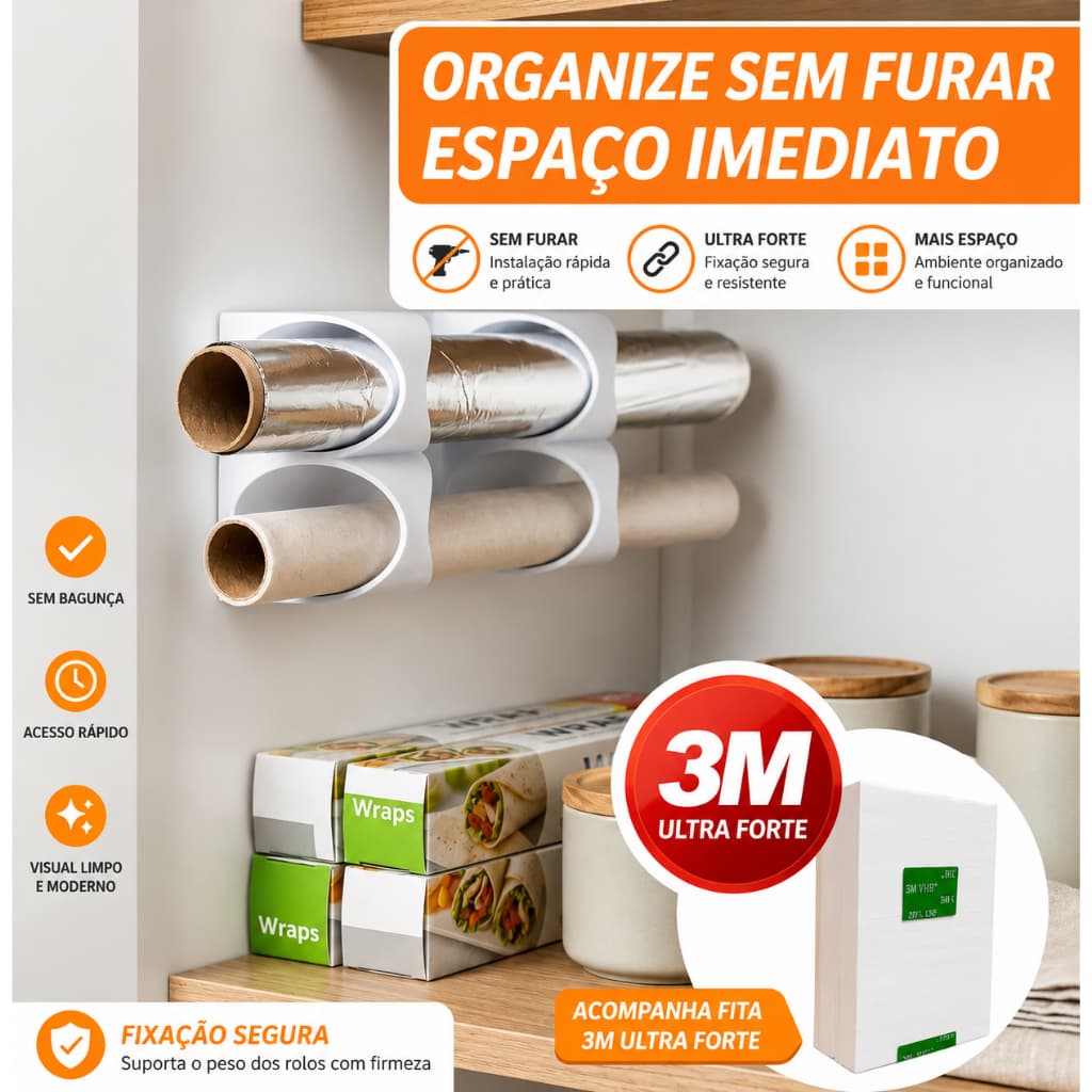 🔥 Porta Papel Alumínio e Plástico Filme 2 em 1 Sem Furo | Organizador de Cozinha com Fita 3M