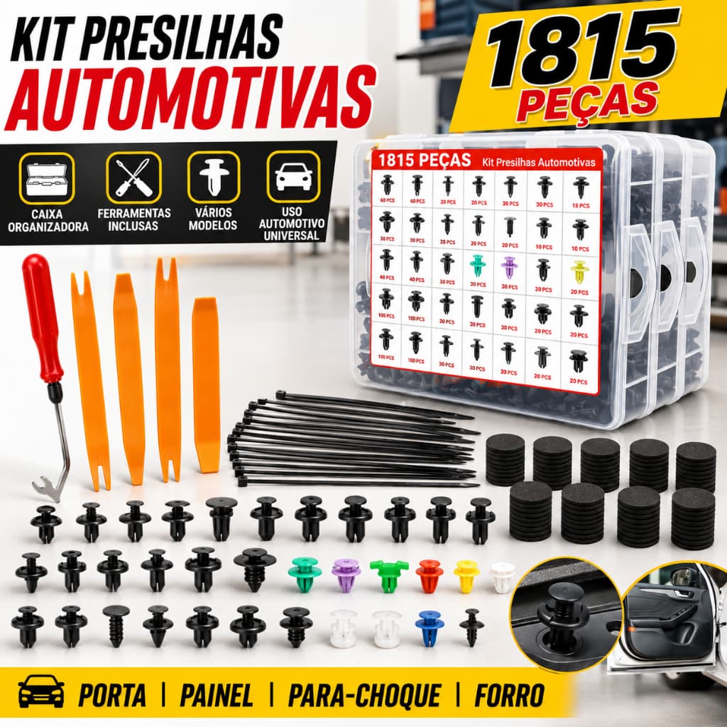 Kit 800/1815 Peças Presilhas e Grampos Automotivos Para Carenagem, Porta e Para-choque - Reparo Universal