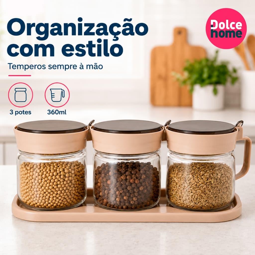 Kit Porta Tempero 3 Potes 360 ml de Vidro com Tampa + Suporte Para Condimentos Cozinha
