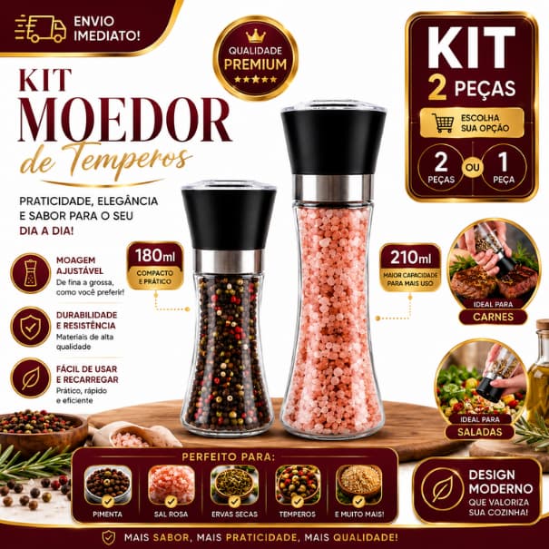 Moedor de Temperos 2 ou 1 Uni Manual 180ml e 210ml Regulável Sal Rosa Pimenta do Reino Vidro e Inox Premium