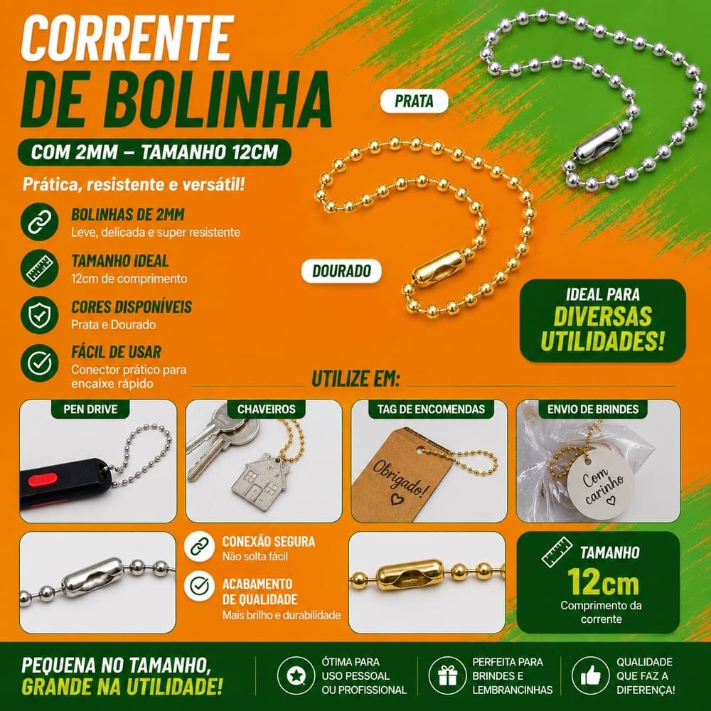 Corrente de bolinha com esferas 2mm com 12cm e canoa para chaveiro pen drive tag