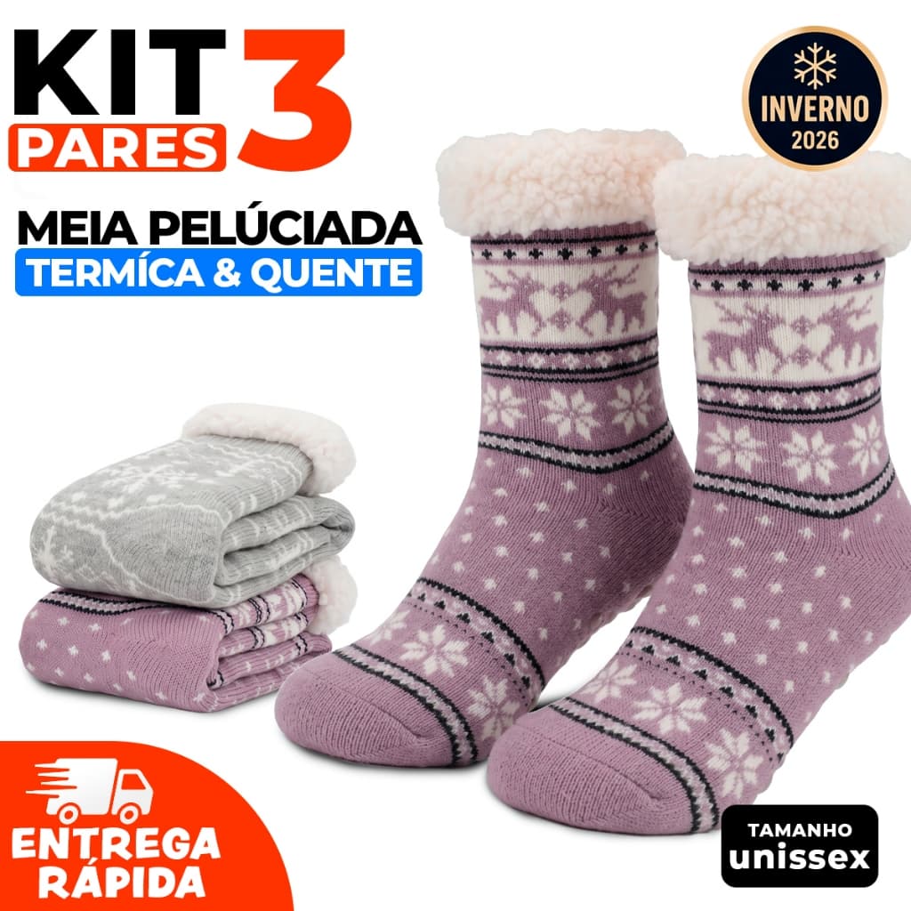 Meia Adulto Forrada Antiderrapante Térmica Cano Alto Inverno Quentinha Frio Masculina Feminina