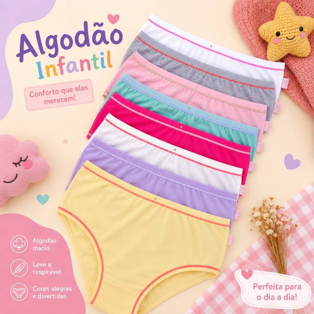Kit 10 Calcinhas Algodão Infantil Menina Moça Premium – Conforto e Qualidade Cores Sortidas