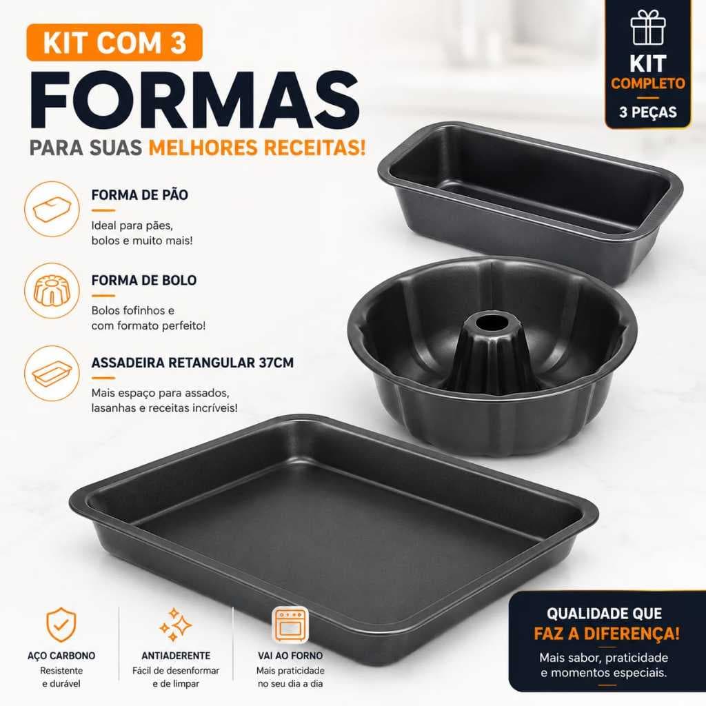 Kit 3 Pecas Assadeira Retangular37 Cm  + Forma Redonda Com Buraco Bolos + Forma Assadeira Pao Caseiros