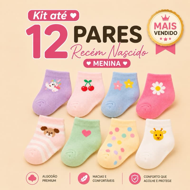 Kit 3 Até 12 Pares De Meias Infantil Recém-Nascido MENINA Algodão