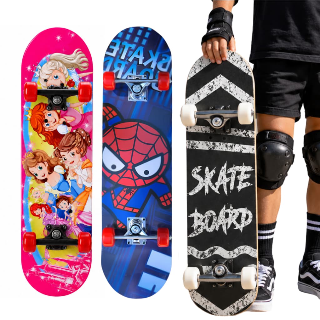 Skate Iniciante Semiprofissional Com Lixa Antiderrapante completo pronto para andar para crianças e adultos 77cm Aranha