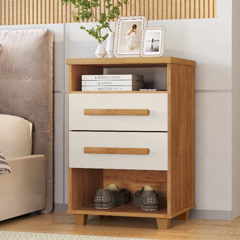 Mesa Cabeceira 2 Gavetas com Nicho 45CM Puxador MDP Mesinha Canto Para Quarto Cama Criado Mudo