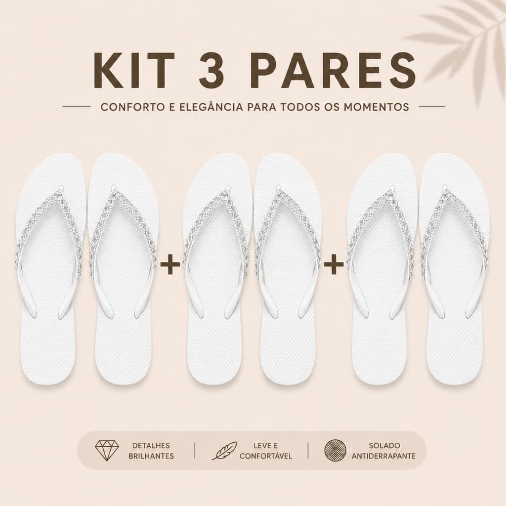 Kit com 3 Pares de Rasteirinha Feminina Preto Branco Bege do 33 ao 40