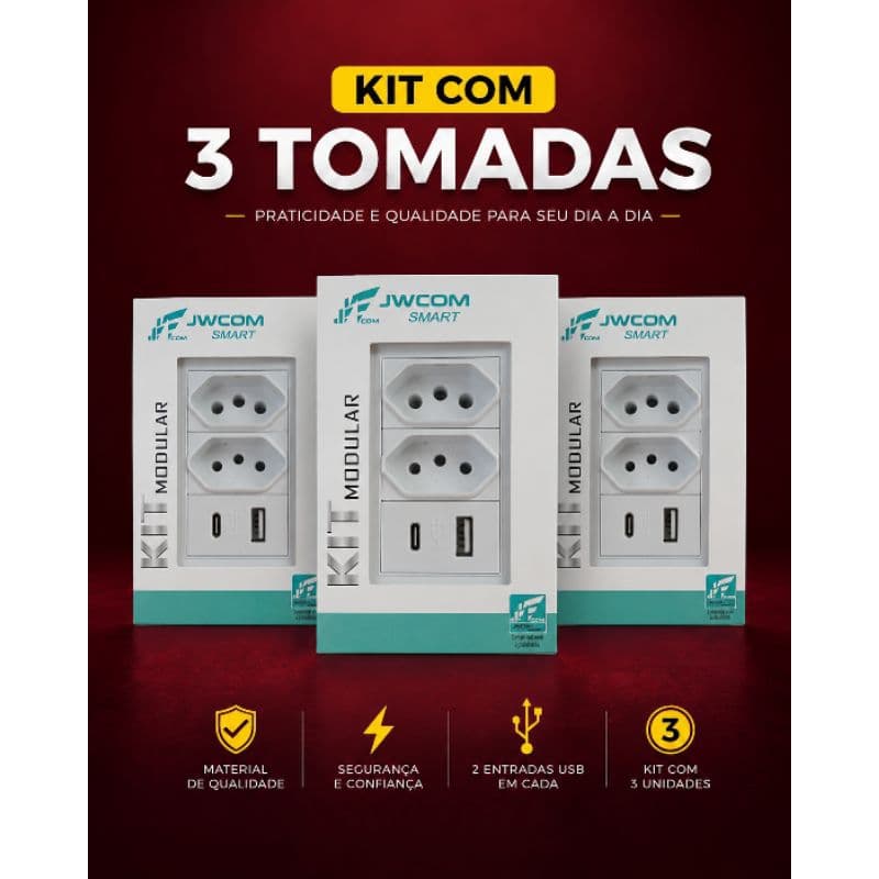 kit 3 Tomadas 10A 20A Usb Tipo C de Parede Casa Escritório Espelho Duplo Triplo Branco
