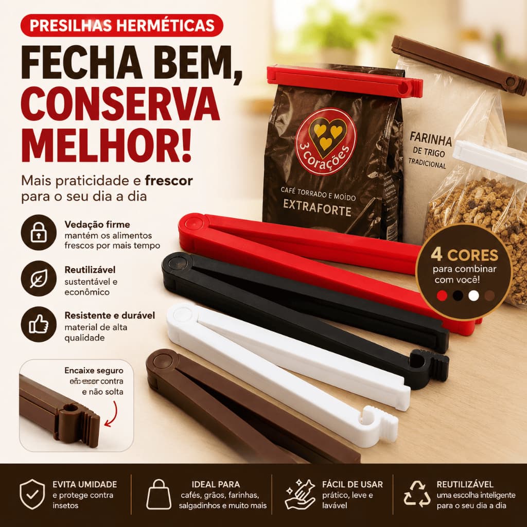 Presilha Seladora para Sacos | Fecho Reutilizável para Embalagens 45mm, 70mm, 100mm, 150mm, 200mm - Diversas cores