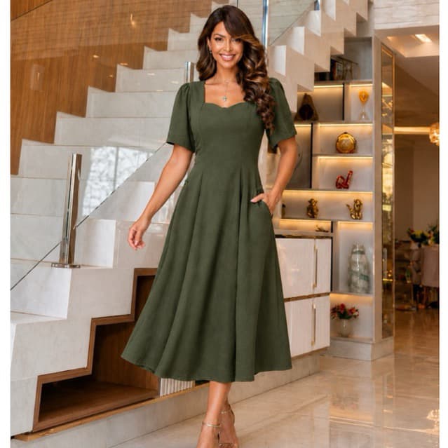 Vestido Midi Elegante Moda Cristã Executiva Premium Godê Exclusiva Com Caimento Fluido Evasê Vestido De Manguinha Casual