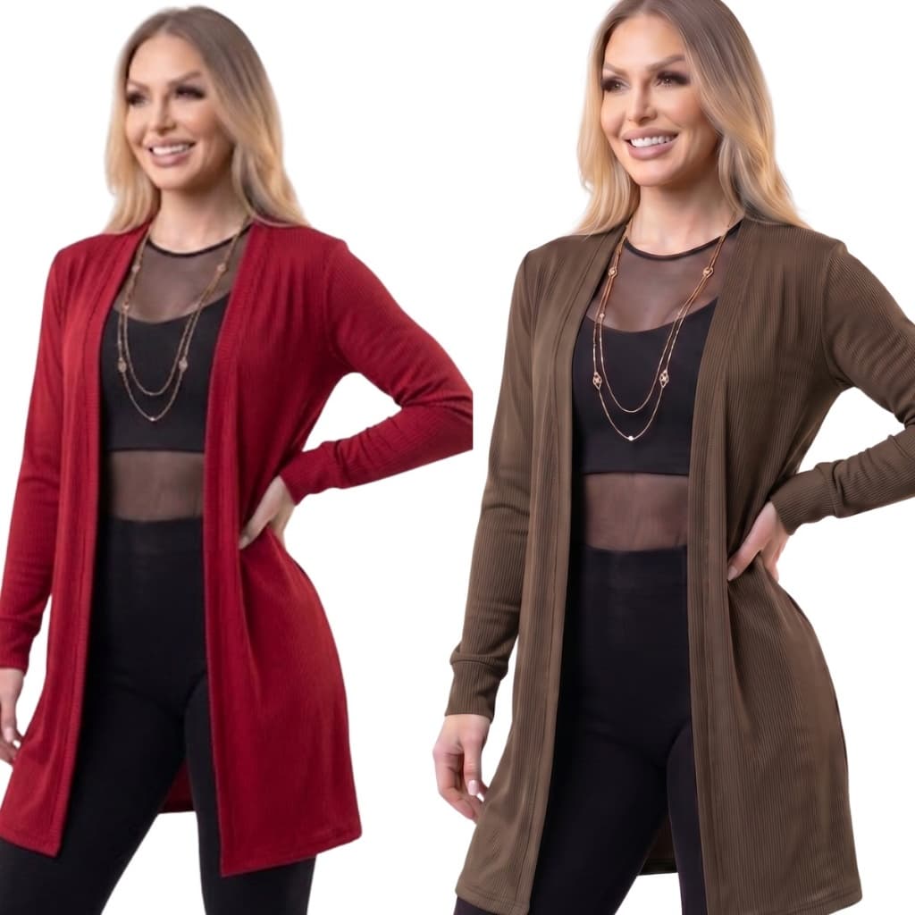 Kit 2 Cardigans Canelado Casaquinho Blusa Feminina Manga Longa M G GG