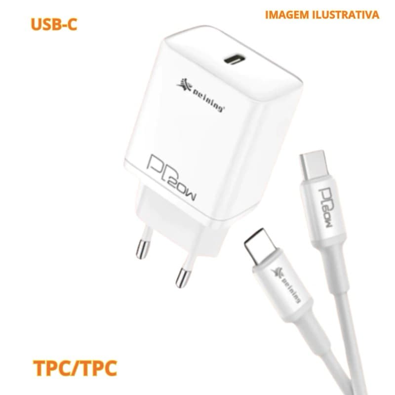 Carregador Fonte Rápido Turbo USB-C 20W Branco Com Cabo Tipo C 60W 1M