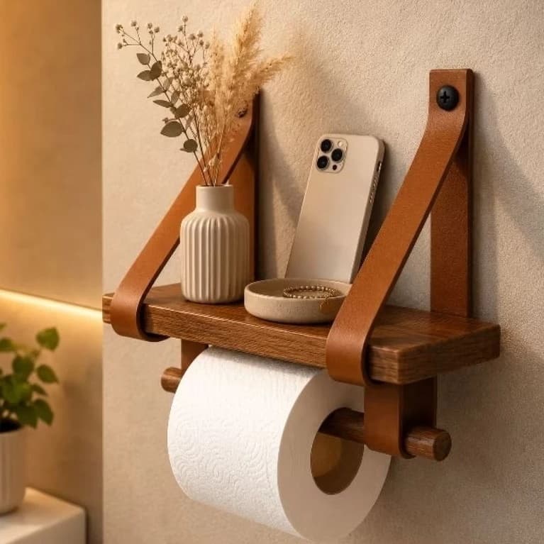 Prateleira e Suporte para papel higiênico em madeira de pinho envelhecida com alça de couro para decoração de banheiro