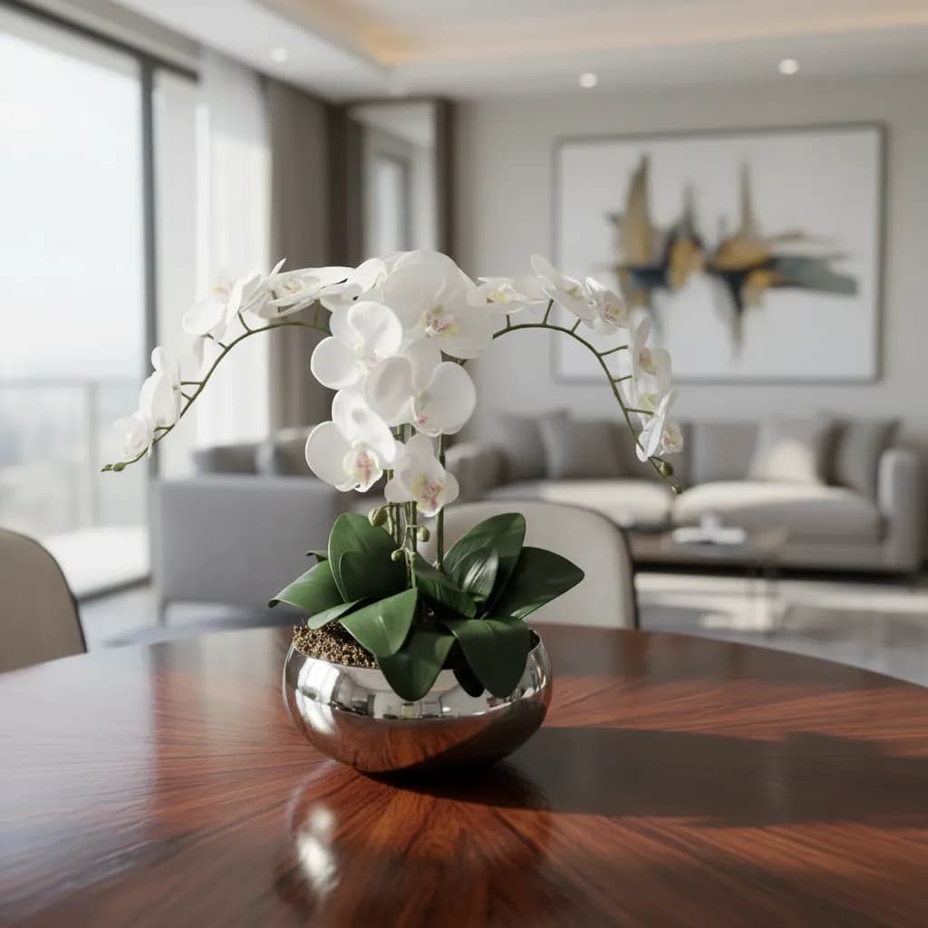 Arranjo Centro De Mesa Orquídeas Brancas No Vaso Prata
