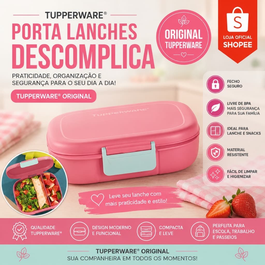 Tupperware Porta Lanche Descomplica Rosa Original com Divisória