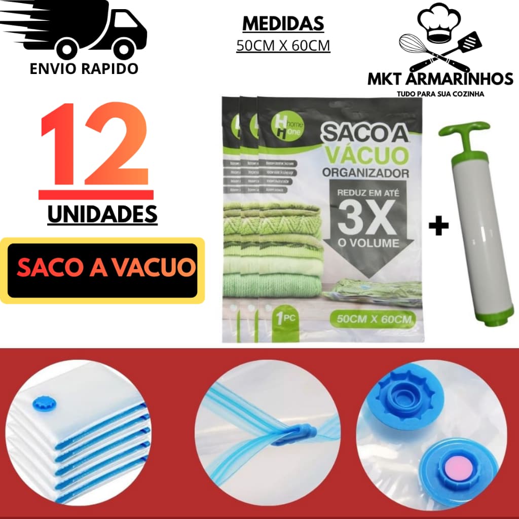 Kit 12 Sacos a Vácuo + Bomba  Organizador Roupa Edredom Cobertor + Bomba Manual 50x60cm Saco Vac Bag Economiza Espaço