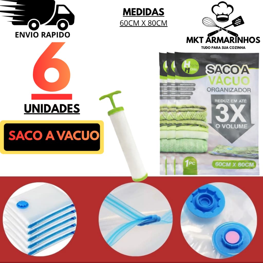 Kit 6 Sacos a Vácuo + Bomba  Organizador Roupa Edredom Cobertor + Bomba Manual 60x80cm Saco Vac Bag Economiza Espaço