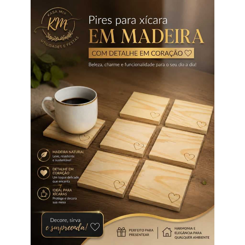 Kit 10 Porta copos quadrado / Pires xicara madeira pinus mesa posta