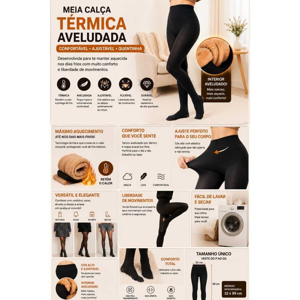 meia calça Termica Feminina Aveludada Confortavel Ajustavel Preta 32x99cm