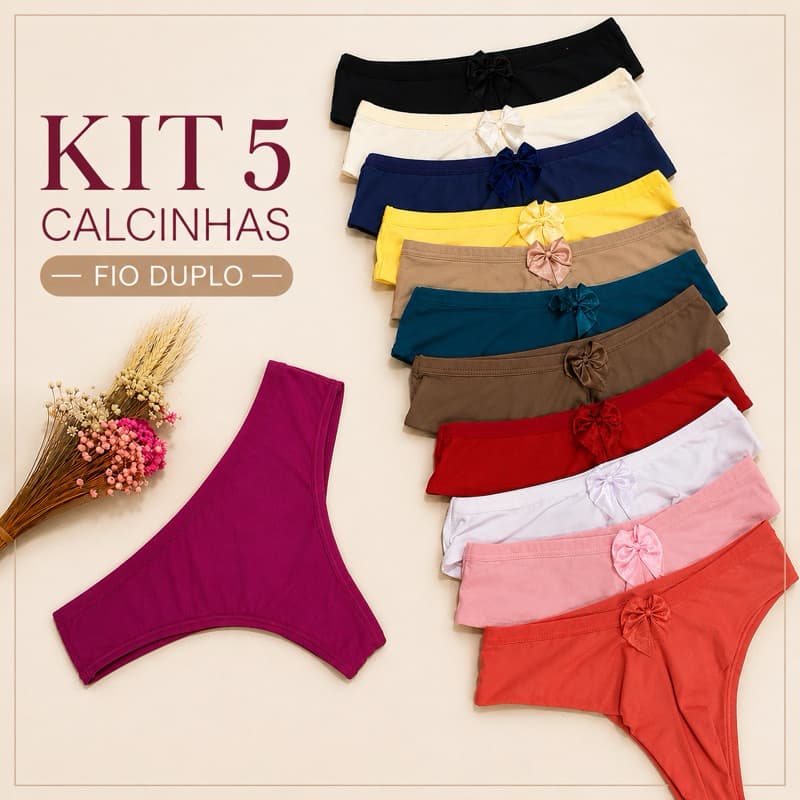 kit 5 Calcinha Fio Dental Duplo Em Tecido Leve Confortável