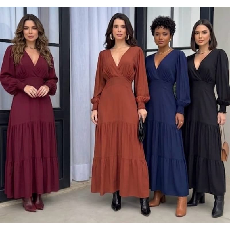 Vestido Longo Feminino Elegante De Manga 3/4 Com Bojo Tecido Duna Evangélica