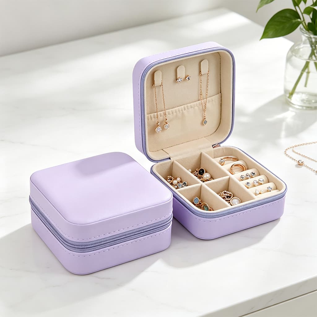 Porta-Jóias Duplo Mini Portátil de Couro | Organizador Multifuncional para Bijuterias