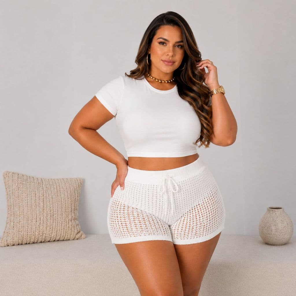 Short Tricô Vazado Feminino Plus Size Verão Praia Resort Estilo Sofisticado Envio Imediato