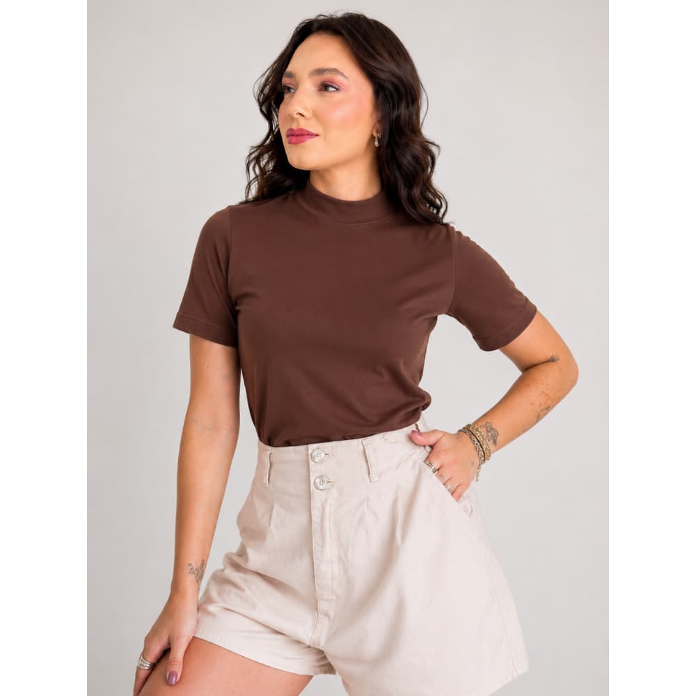 Blusas Gola Alta T-Shirt Feminina Camiseta Básica Lisa Algodão Premium