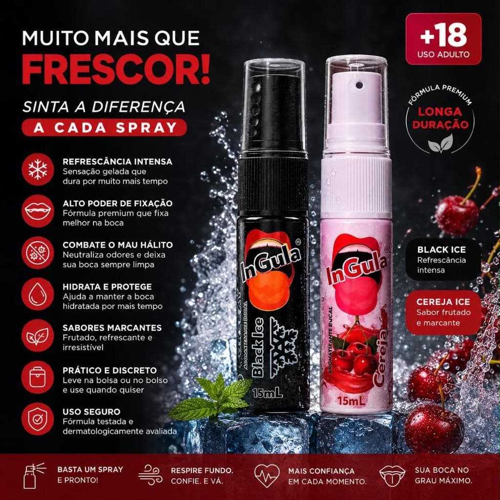 Spray Bucal InGula 15ml Refrescante Black Ice e Cereja Ice Hálito Fresco Longa Duração USO ORAL MOMENTO A DOIS