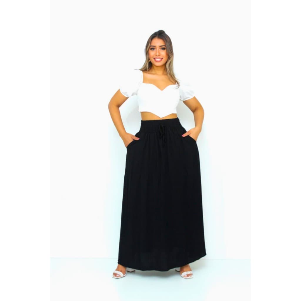 Saia Longa Feminina Forrada Cós Largo De Elástico Cintura Alta Com Bolso Viscolinho