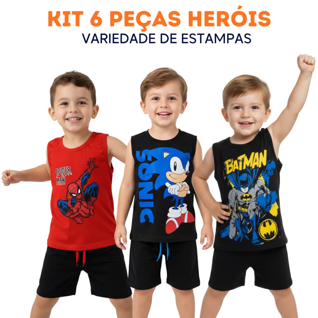 Kit 4 Peças Super Heróis Conjunto Regatas Infantil Menino Brinde 2 Cabides.