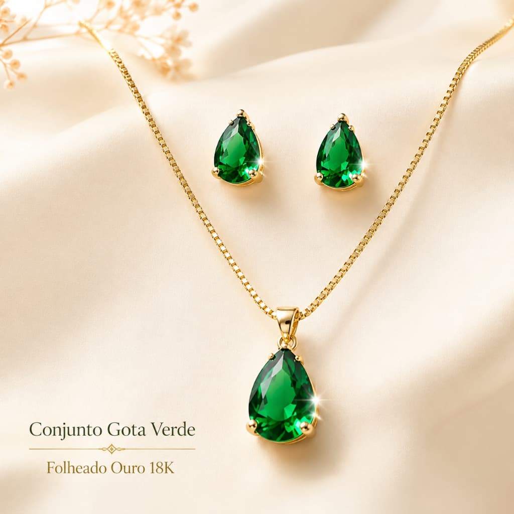 Conjunto Colar e Brinco Gota Cristal Verde Folheado Ouro 18K e Prata Presente Feminino Para Casamento