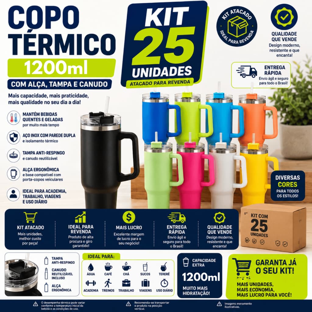 Kit 25 Copo Garrafa Térmica 1200ml Tampa Canudo Alça Camada Dupla Atacado Revenda Academia Trabalho