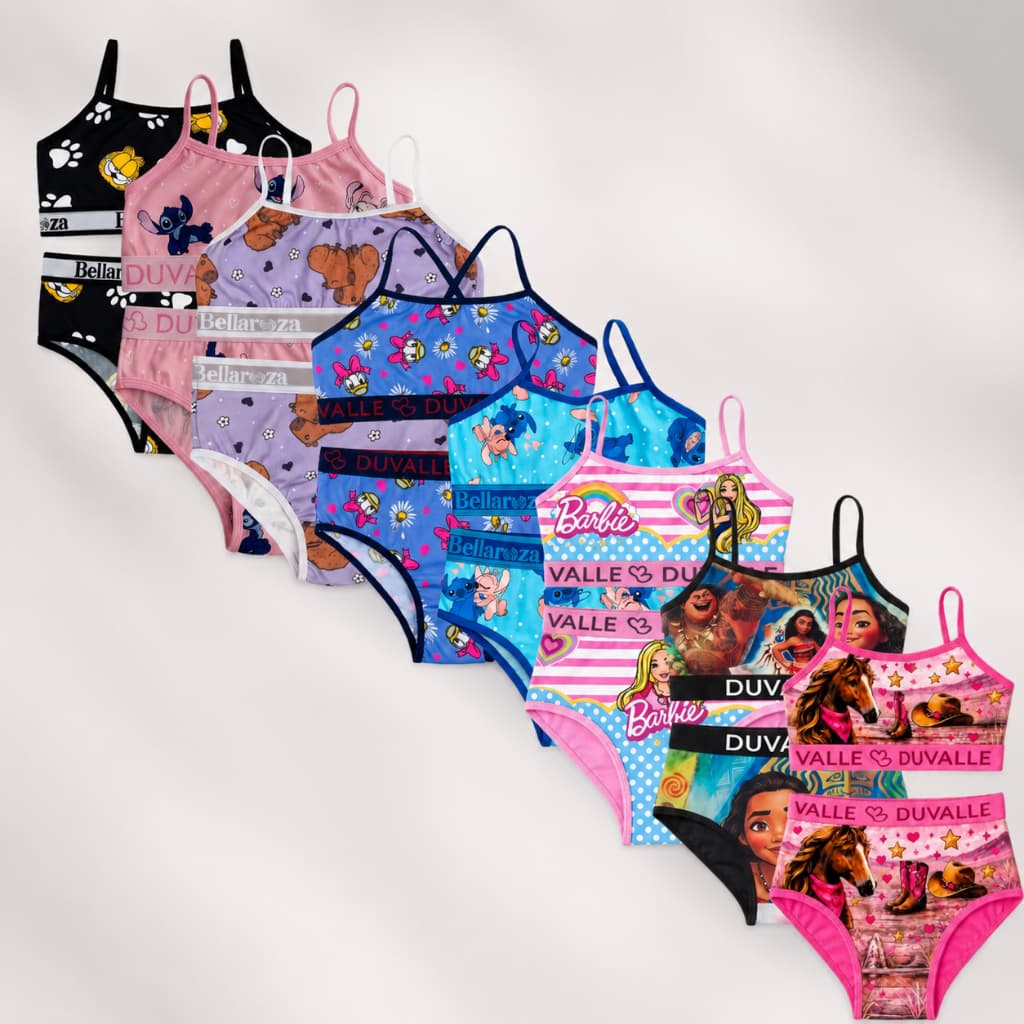 Kit 5 Conjuntos Top Sutiã e Calcinha Elástico Premium Conforto Juvenil Menina Moça Personagens