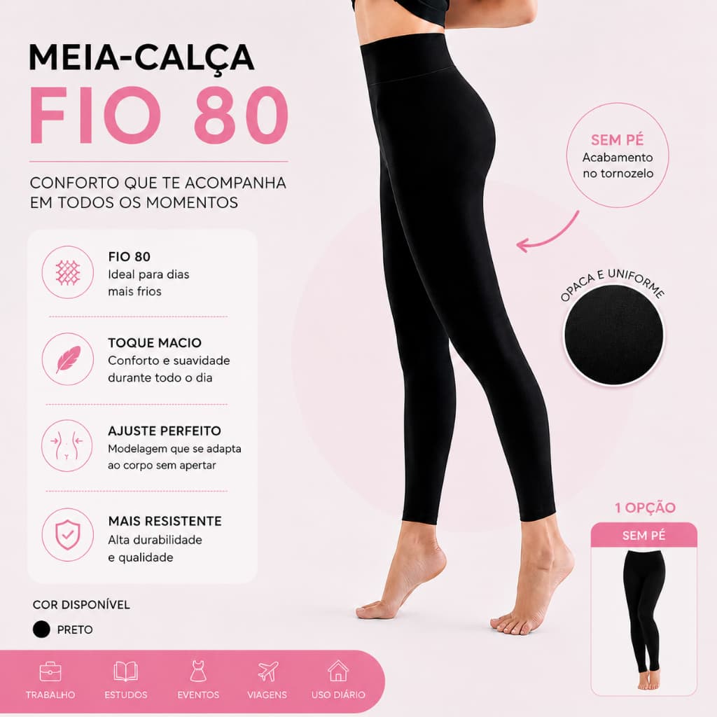 kit com 2 meia calça fio 80 sem pé BELLUS