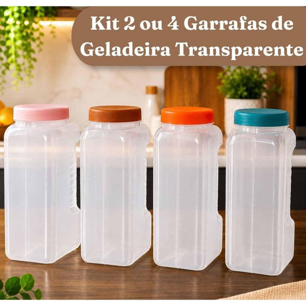 Kit 2 ou 4 Garrafas Organizadoras 2L para Geladeira Transparentes | Tampa Rosqueável | Livre de BPA