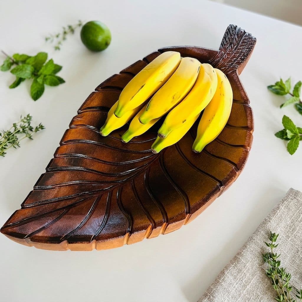 Bandeja Fruteira de Madeira Folha 50×25 cm ? Tearte Decor