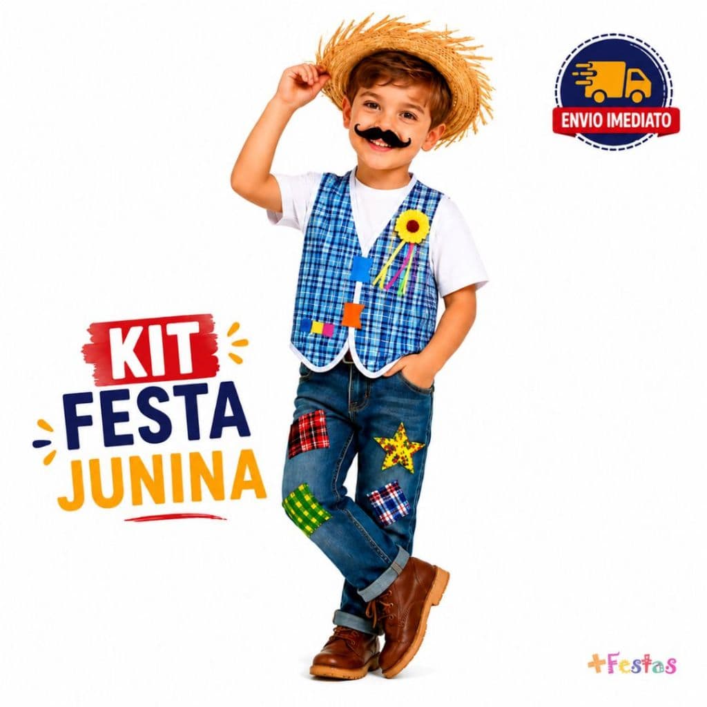 Kit Fantasia Junina Infantil Colete Xadrez Bigode Gravata Suspensório Remendos Chapéu Quadrilha