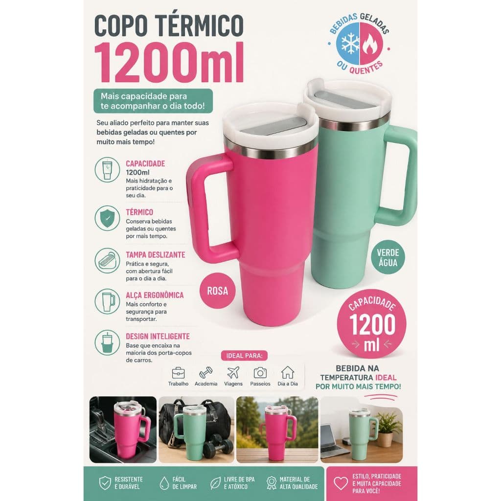 Copo Térmico 1200ml Inox com Alça e Tampa | Mantém Gelado e Quente | Rosa e Verde Água