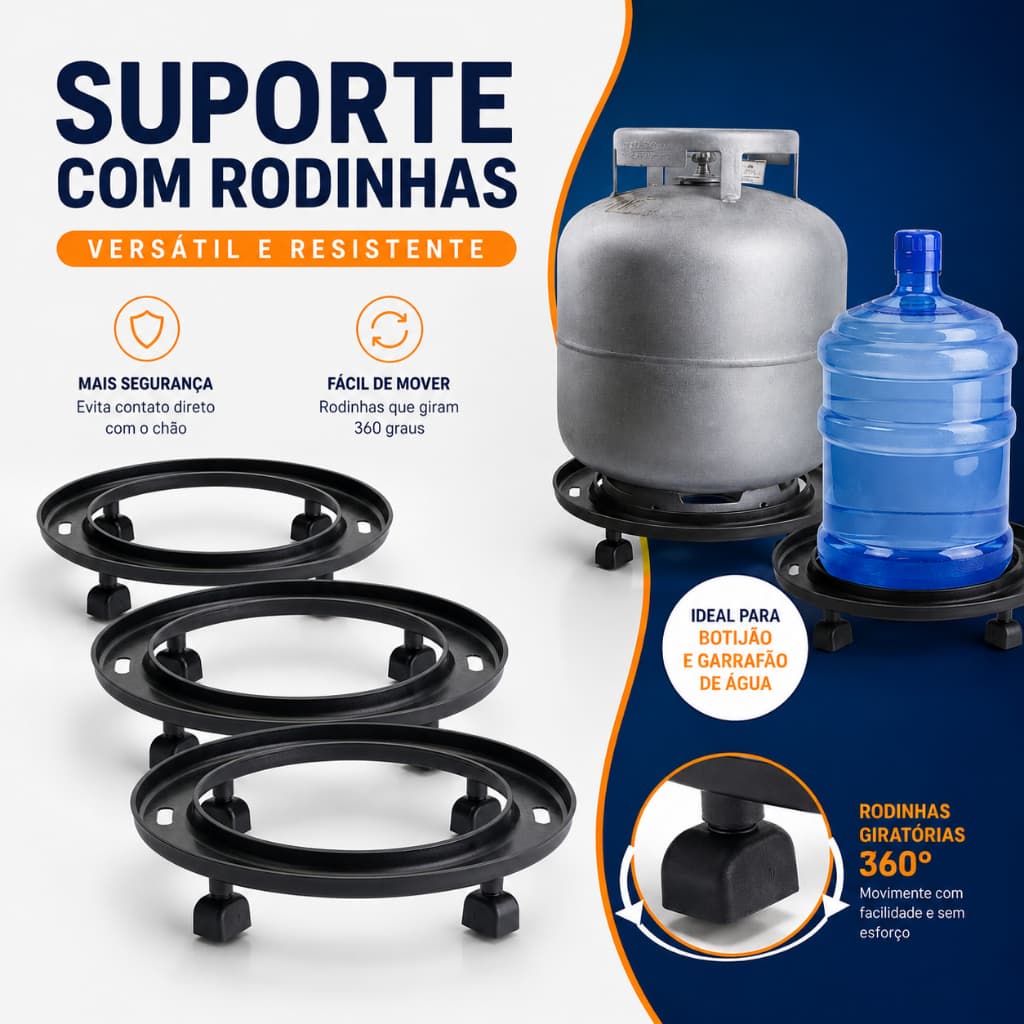 Suporte Botijão de Gás Vaso De Plantas e Água Com Rodinha Preto Plástico