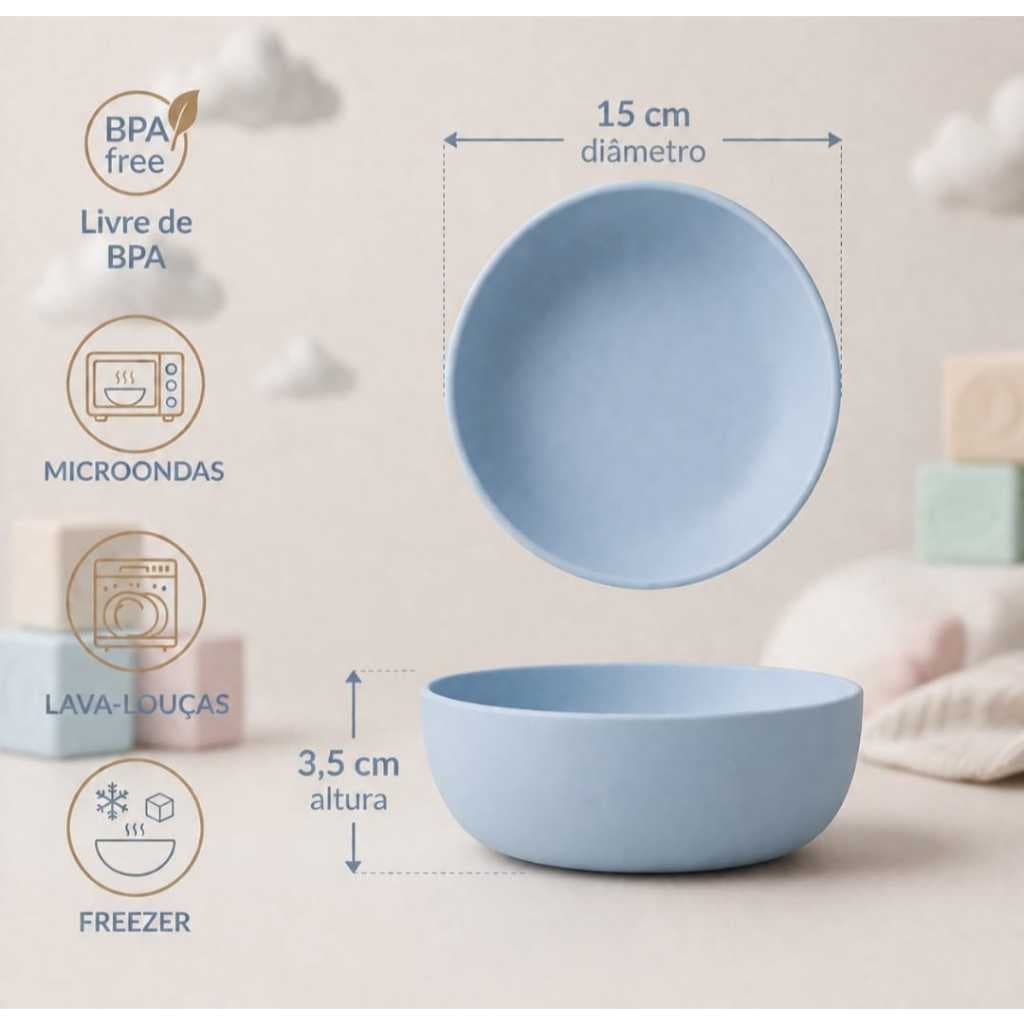 Kit 2 Tigela Bow Azul Ecológica 15cm Introdução Alimentar Refeição Bebê Menino
