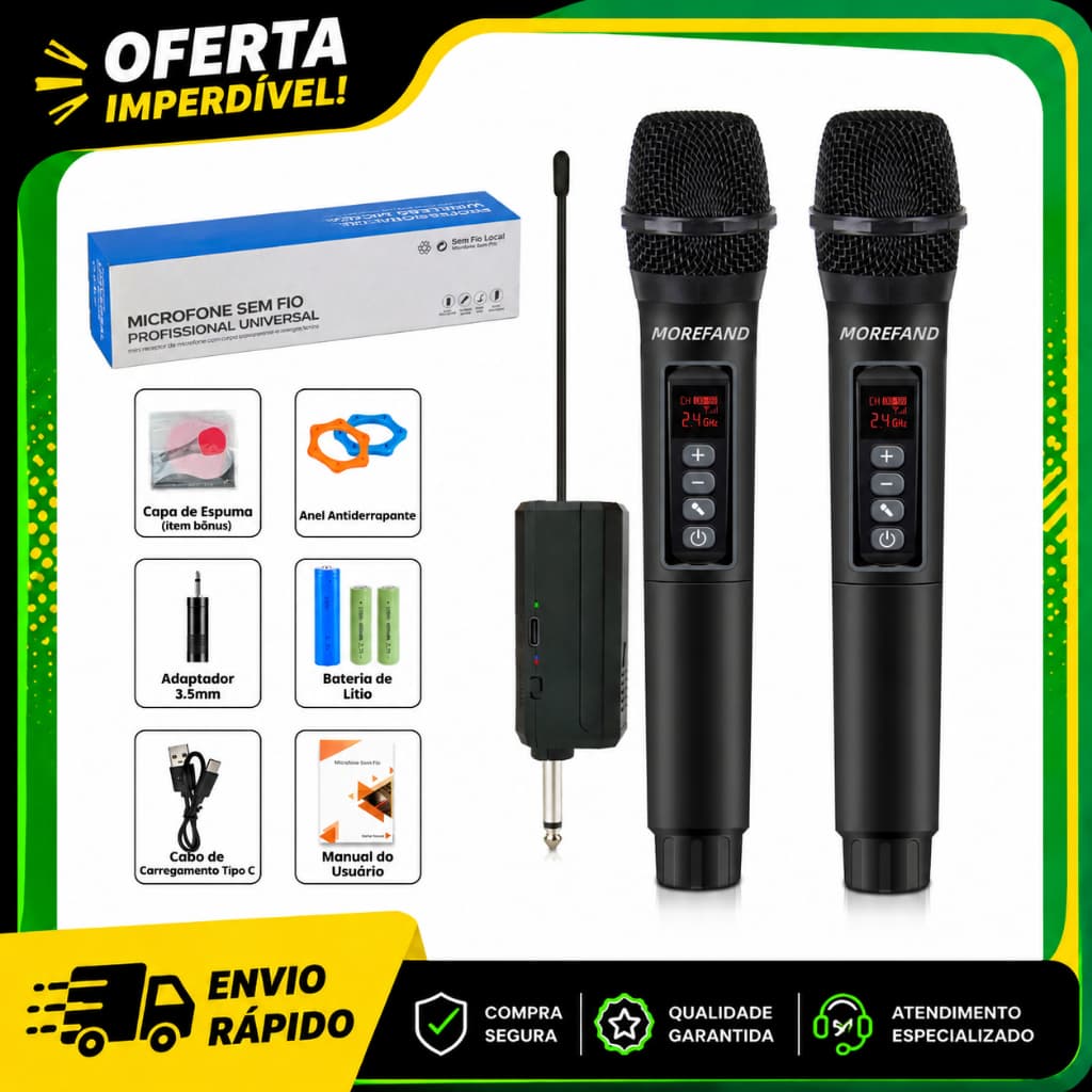 Microfone Sem Fio Profissional MOREFAND DSP Reverb Redução de Ruído USB-C Bateria Longa 50m Karaokê Shows Igrejas