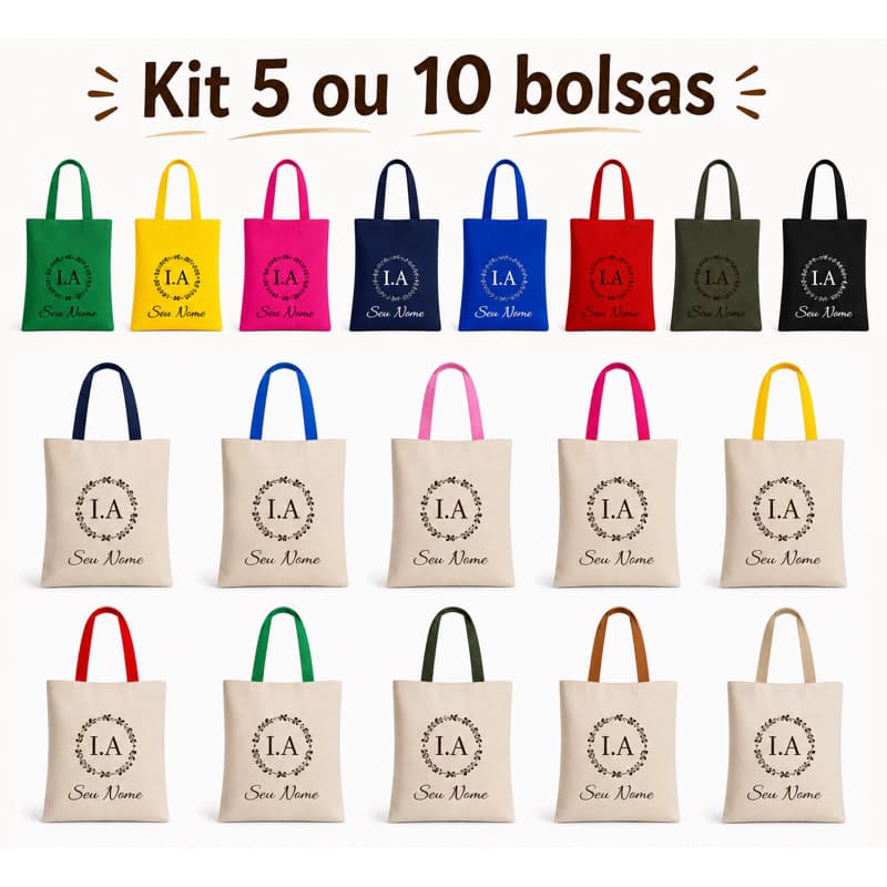 Kit com 10 ou 5  bolsas personalizadas com LOGO e Nome variados 33x36. Impermeável