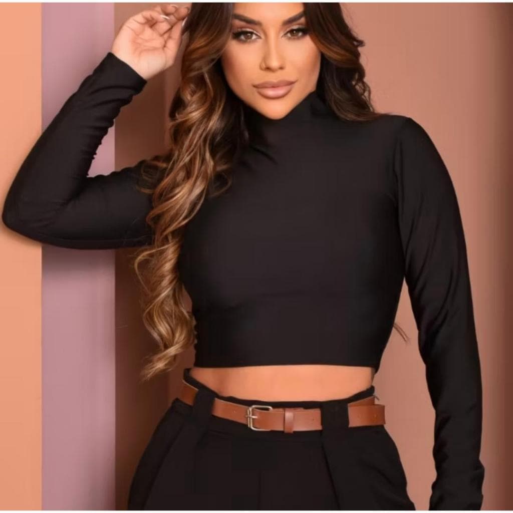 CROPPED SUPLEX CROPPED MANGA LONGA CROPPED GOLA ALTA MODA FEMININA