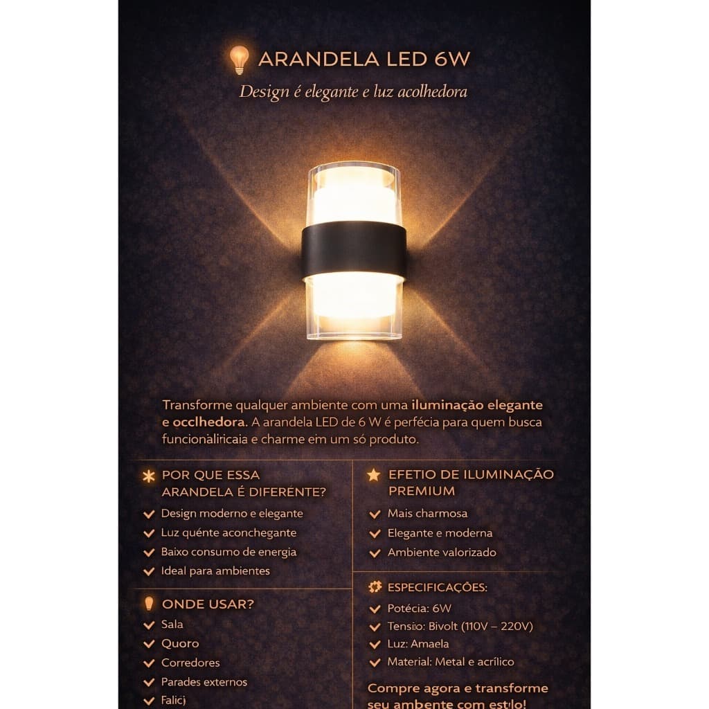 Arandela Golden 6w Branco quente moderna para decoração COD CX-LC-12-2