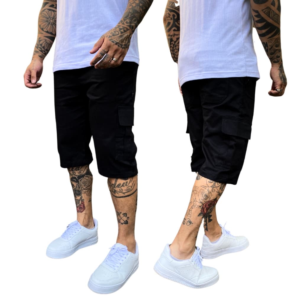 Bermuda Cargo Larga Short Masculino Skate  6 Bolsos Preta Elástico